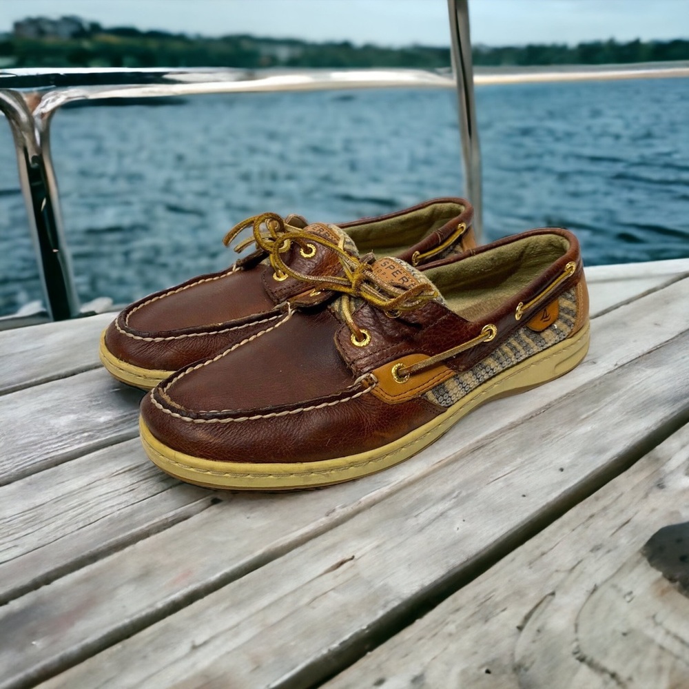Sperry Womens Top Sider Brown Leather Zebra Sequin Slip On Boat Shoes Size 9.5 M